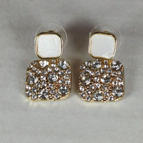 Gold Tone Metal Colorless Rhinestones Pearl Tone Stud Dangle Drop Earrings S925 - Picture 8 of 16